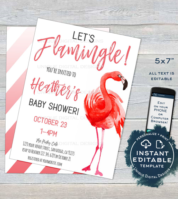 Lets Flamingle Baby Shower Invitation , Editable Baby Girl Shower Invite Personalized Pink Flamingo Party Printable