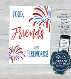 Editable 4th of July Party Decorations, Food Friends Fireworks Printable Table Signs Party Favor Tags, Personalized s