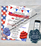 BabyQ Stars and Stripes Baby Shower Invitation KIT, Editable 4th of July Gender Reveal Diaper Raffle Books for Baby Inserts INSTANT DOWNLOAD