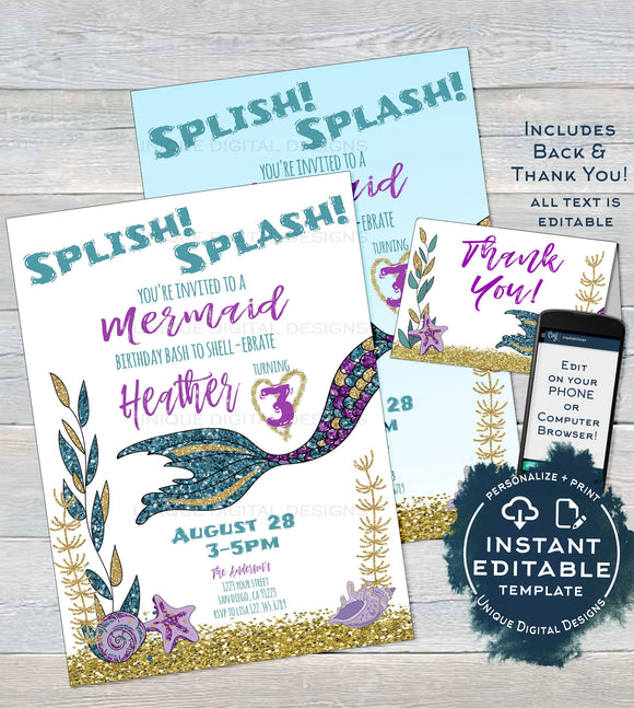 Editable Mermaid Invitation, Splish Splash Birthday Bash, Under the sea Girls Birthday Invite, ANY Age Printable