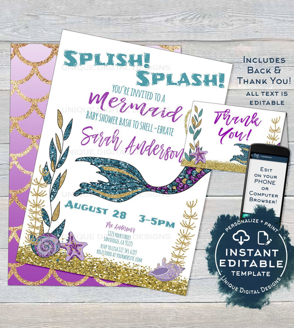 Editable Mermaid Baby Shower Invitation, Printable Mermaid Kisses Starfish Under the sea Glitter Baby Girl Invite,