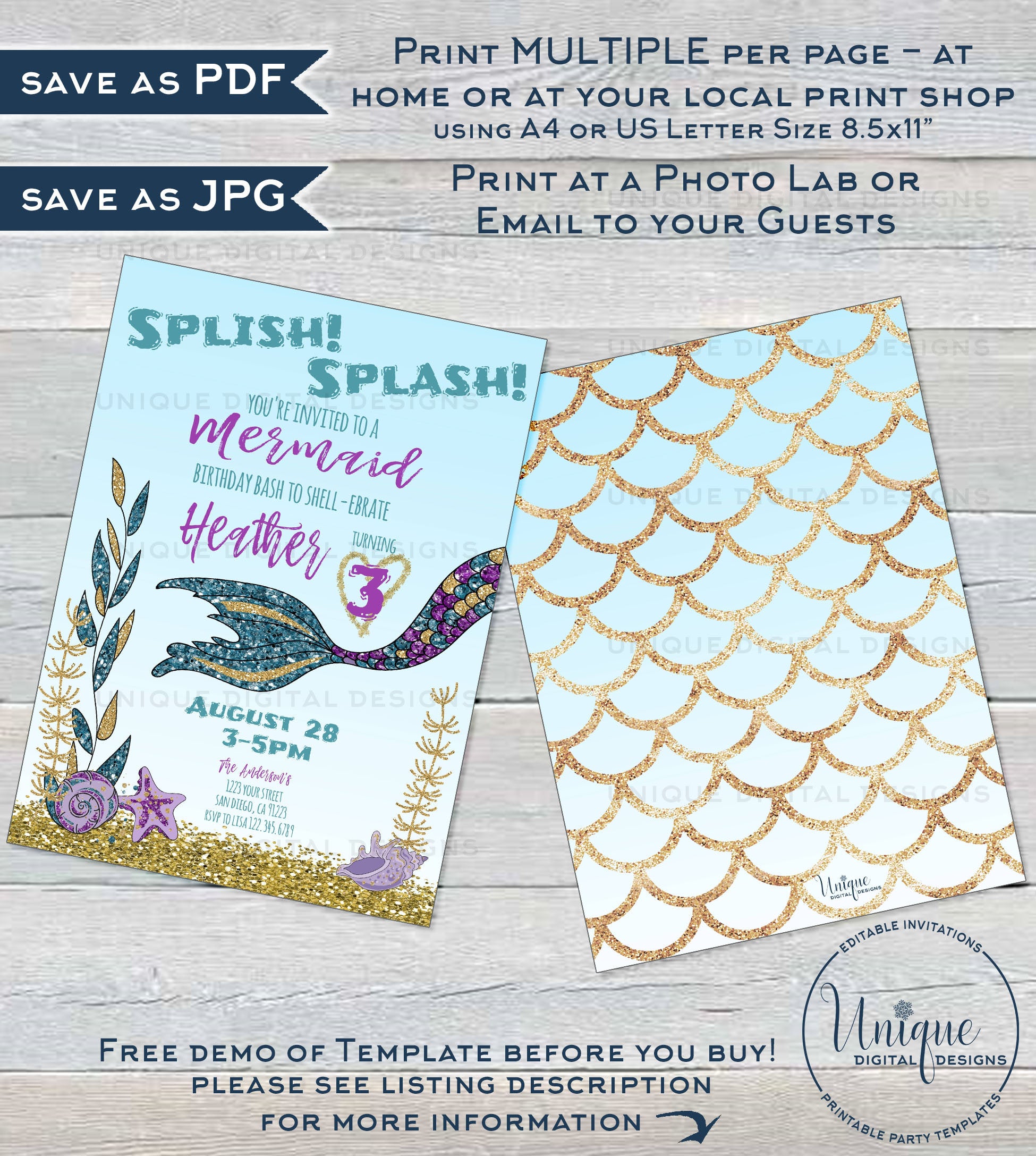 Editable Mermaid Invitation, Splish Splash Birthday Bash, Under the se editable-mermaid-invitation-splish-splash-birthday-bash-under-the-se