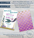 Editable Mermaid Invitation, Splish Splash Birthday Bash, Under the sea Girls Birthday Invite, ANY Age Printable