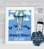 Hot air Balloon Baby Shower, Editable Welcome Sign, Up Up and Away Baby Boy Welcome Poster, diy Sign for Boys Baby Shower