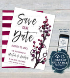 Save our Date  Invitation, Editable Plum Wedding Invite, Purple Wedding Watercolor Save the Date Postcard Printable