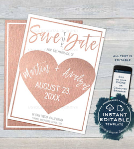 Editable Rose Gold Save the Date Template Invitation, Save our Date Wedding Invite, Elegant Wedding Postcard Printable INSTANT DOWNLOAD