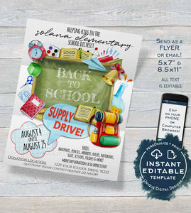 School Supply Drive Flyer, Editable School Donation Invitation Printable Pta Pto Flyer Back to School Invite Digital