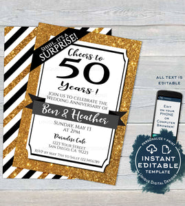 50th Anniversary Invitation, Editable Fiftieth Golden Wedding Anniversary, 50 year Surprise Party Invite, Printable
