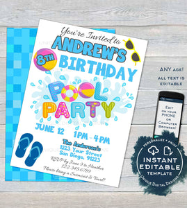 Summer Pool Party Birthday Invitation, Editable Pool Party Invite, Summer Birthday Party, diy Personalized Custom Printable INSTANT DOWNLOAD