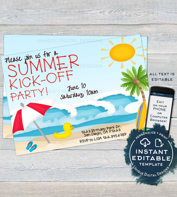 Summer KickOff Party Invitation Summer Beach Picnic Invite Surfs Up Party Surf board Sun Kick Off Printable Custom INSTANT Self EDITABLE