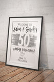 50th Anniversary Welcome Sign, Editable Wedding Anniversary Banner, ANY Year Decoration Silver Glitter, Printable