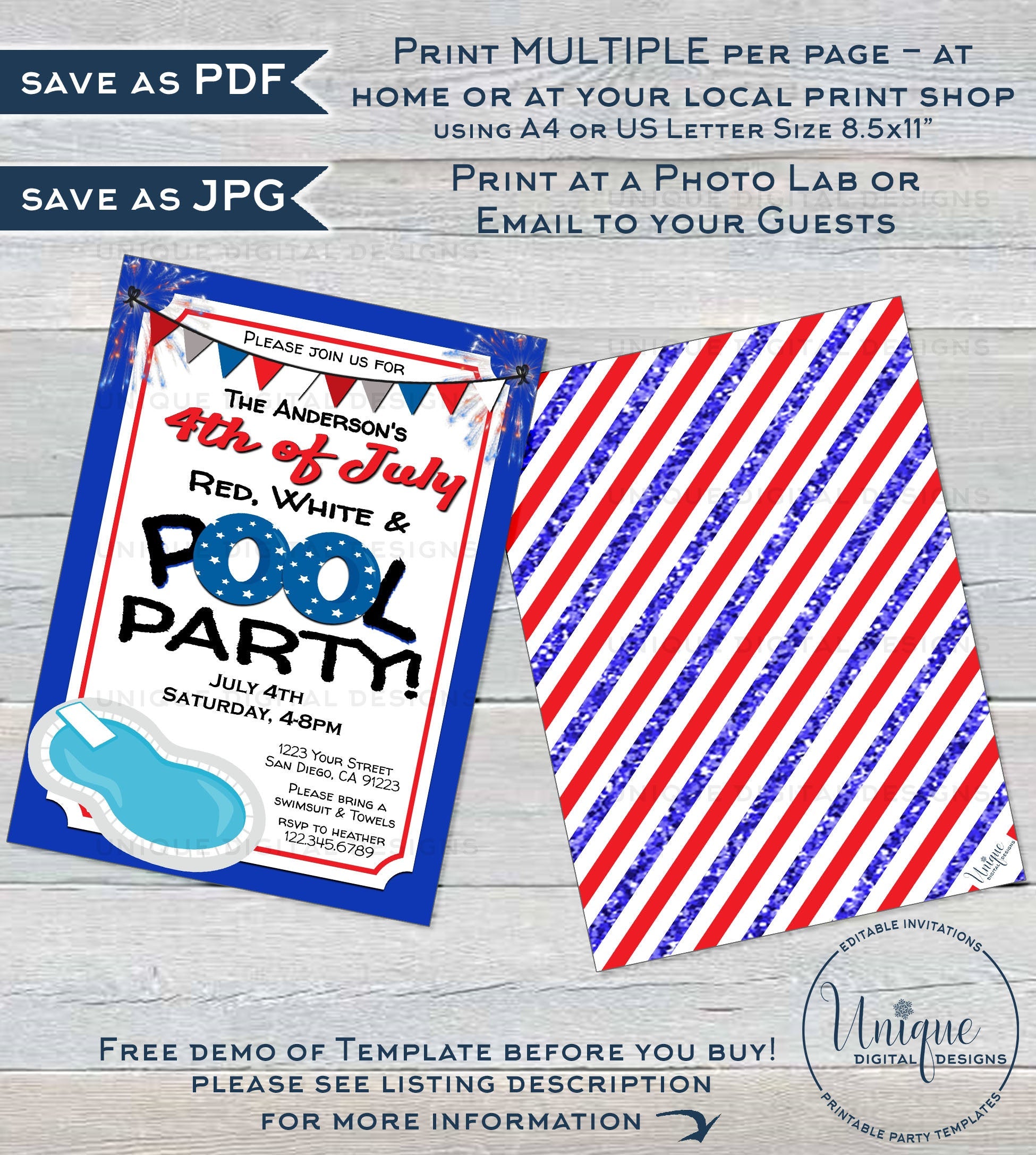 Editable 4th of July Pool Party Invitation, Summer Red White and Pool editable-4th-of-july-pool-party-invitation-summer-red-white-and-pool