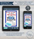 Editable 4th of July Pool Party Invitation, Summer Red White and Pool Party July 4th Pool Birthday party Printable