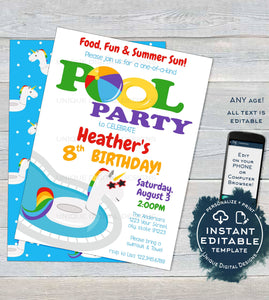 Editable Pool Party Invitation, Unicorn Birthday Pool Party, ANY Age Rainbow Birthday Party, Girls Party Printable