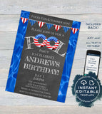 Editable Pool Party Invitation, 4th of July Red White Blue Summer Pool Party, ANY Age Birthday party, Printable