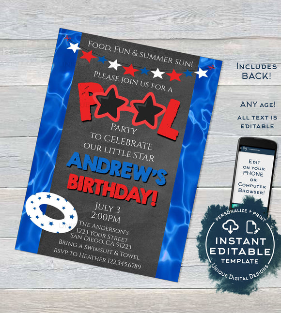 Editable Pool Party Invitation, Summer Red White Blue Pool Party, ANY Age Stars Stripes 4th of July Birthday, diy Printable