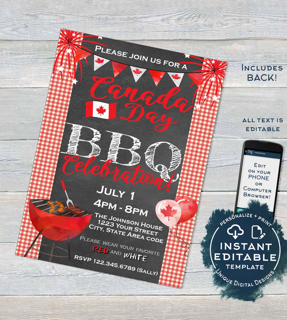 Editable Canada Day Invitation, Oh Canada Day BBQ Invite, Canada Day Eh July 1 Flag Summer Party, A4 Personalized