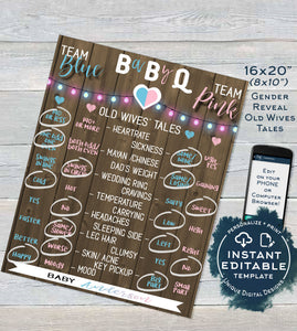 Rustic BaByQ Gender Reveal, Editable Old Wives Tales & Cast Vote Signs, He or She Summer BBQ Wood, What will Baby Printable