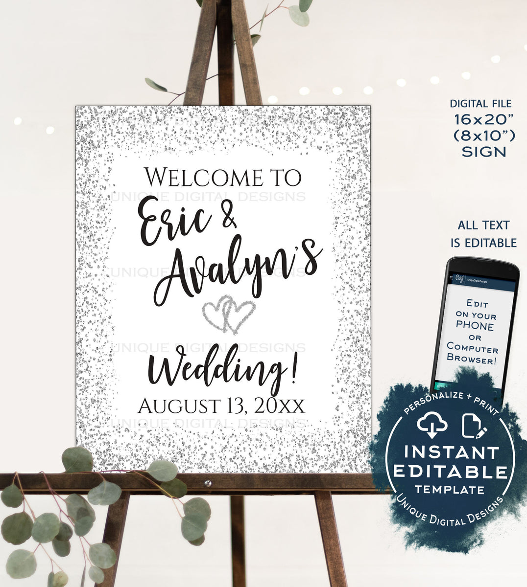 Editable Silver Wedding Welcome Sign, Personalized Glitter Welcome to