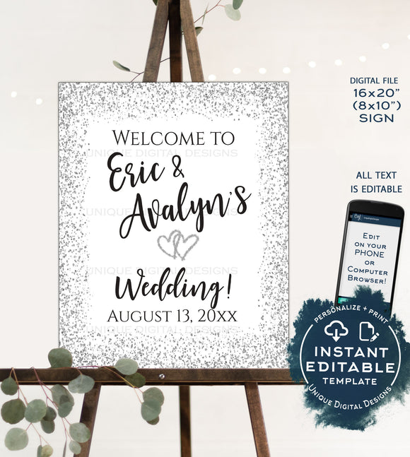 Editable Silver Wedding Welcome Sign, Personalized Glitter Welcome to our Wedding Poster, Table Decorate Printable