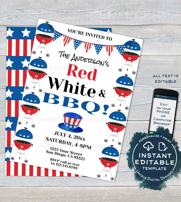 4th of July BBQ Invitation, Editable Red White and bbq Summer Yard Grill Out July 4th Barbeque Party Printable Personalized
