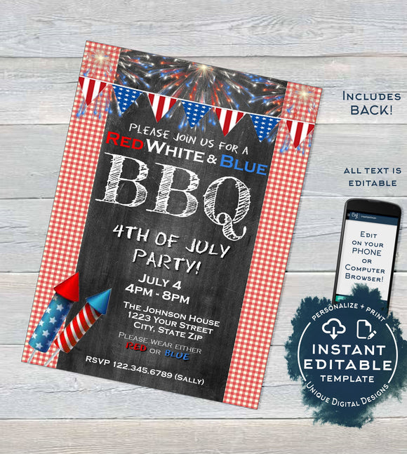 4th of July BBQ Invitations Red White and blue bbq Summer Yard Grill Out July 4th Barbeque Party Printable Personalized