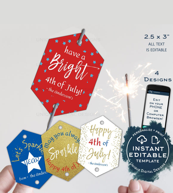 Sparkler Tag , Editable 4th of July Printable Favor Tags, Personalized Let's Sparkle Birthday Party Thank you diy