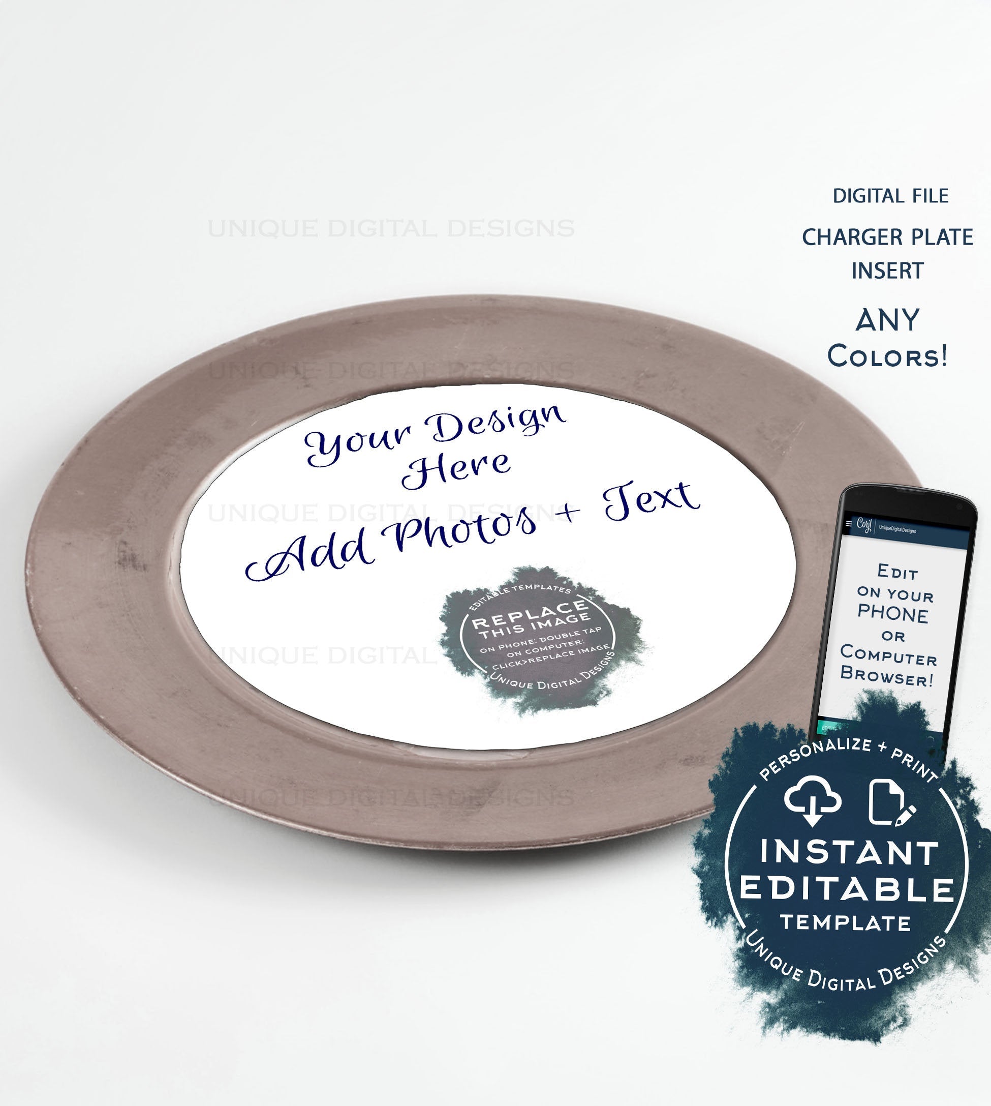 Customised Plate Inserts Custom Charger Plate Inserts, Editable Menu Cards, Weddings, Bridal Sh