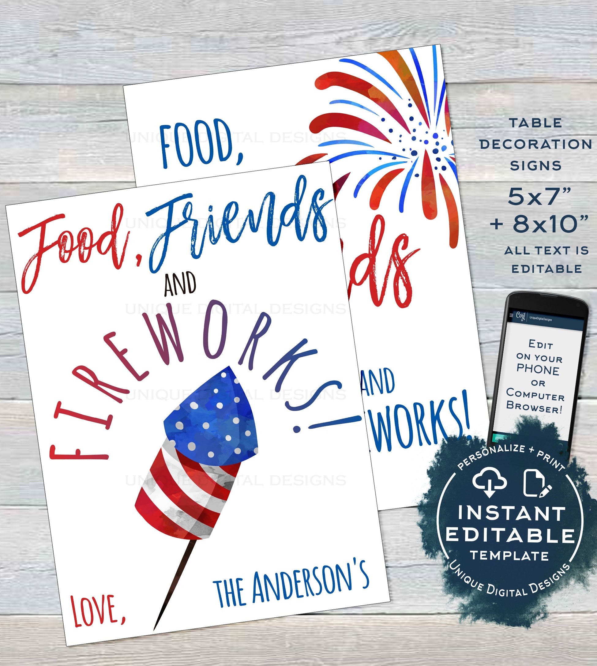 Editable 4th of July Party Decorations, Food Friends Fireworks Printab Editable 4th of July Party Decorations, Food Friends Fireworks Printab