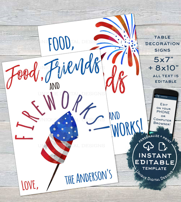 Editable 4th of July Party Decorations, Food Friends Fireworks Printable Table Signs Party Favor Tags, Personalized s