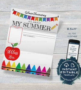 Editable My Summer Worksheet  Printable, Student Activity Back to School, All About Me Writing Exercise, PTA Flyer