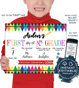 First day of School Sign reusable 2-in-1, Editable Last day of School Board Crayons, Grade Custom Digital Printable