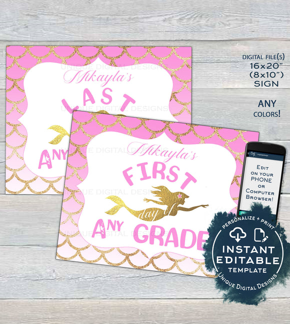 Editable Mermaid Back to School Signs, Girls Reusable First Day plus Last Day of School Any Grade School Photo Printable  UTME