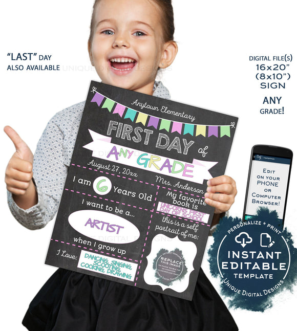 Editable Back to School Photo Prop, Girls 1st Day Back to School Poster Personalized School Chalkboard Sign Any Grade Digital
