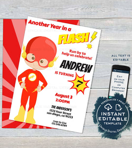 Another Year in a Flash Superhero Invitation, Editable Superhero Party Boy Birthday Invite ANY Age Digital Printable