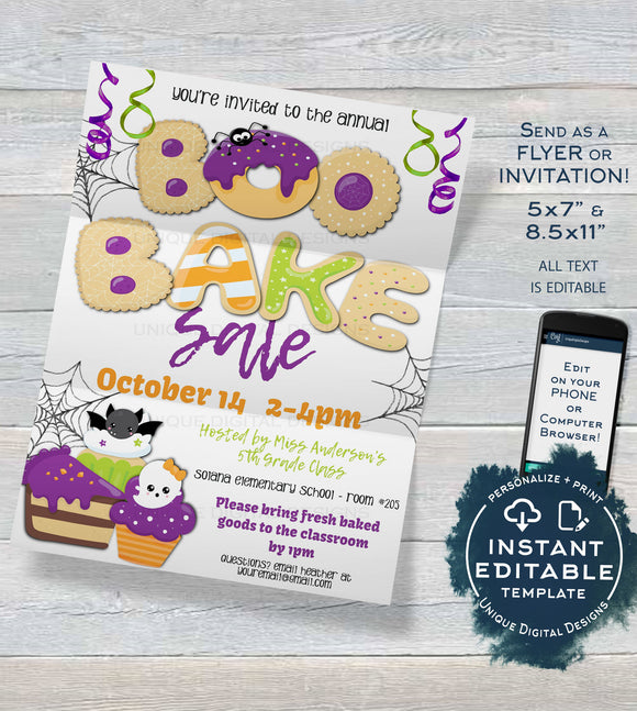 Boo Bake Sale Flyer , Editable Halloween Invitation, PTA Printable Holiday Cookie Fundraiser, pto Church School