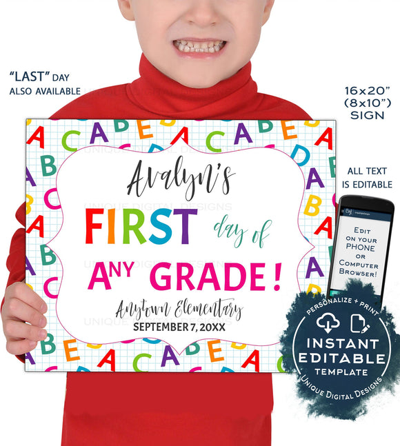 Editable Back to School Sign, First day of School Poster, reusable Last day of School, Any Grade Digital Printable
