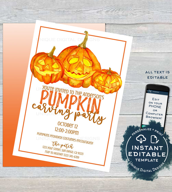 Pumpkin Carving Party Invitation, Editable Halloween Pumpkin Patch Invite Fall Birthday Party Printable Jackolantern Template INSTANT ACCESS