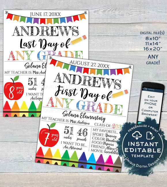 Editable Back to School Photo Prop, 1st Day of Back to School Poster, Personalized School Chalkboard Sign, Any Grade Digital  UTCR