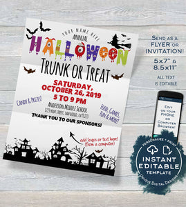 Trunk or Treat Flyer, Editable Halloween Invitation Template Kid Church Community School Halloween Fundraiser Event Printable INSTANT ACCESS