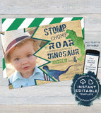 Dinosaur Birthday Invitation with Bite, Editable Stomp Chomp and Roar Dinosaur Invite Boy, ANY Age Party Printable Template INSTANT DOWNLOAD