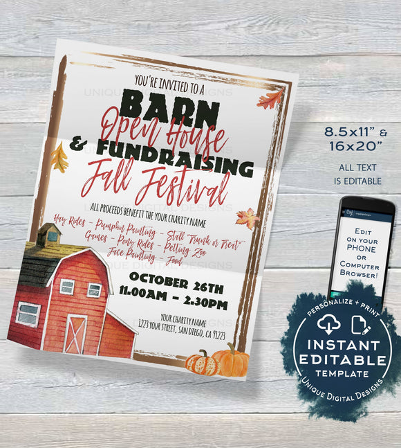 Barn Open House Flyer, Editable Fall Festival Fundraiser Invitation, Fall Farm Flyer Pumpkin Patch Template, Charity Event INSTANT ACCESS