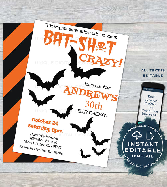Batshit crazy Birthday Invitation, Editable Halloween Birthday Invite, ANY Age, Adult 30th Birthday Bats, Printable