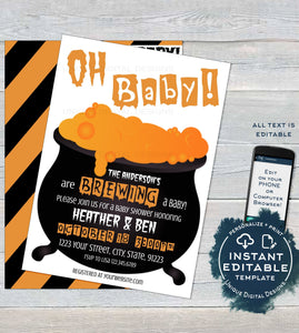 Baby is Brewing Baby Shower Invitation, Editable Oh Baby Sprinkle, Baby Girl, Boy or Neutral Invite Halloween Baby, Printable