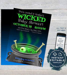 Halloween Baby Shower Invitation, Editable Halloween Witch Invitation Wizard Wicked Baby Boy Costume Party Printable Template INSTANT ACCESS