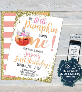 Little Pumpkin Invitation First Birthday, Editable Rustic Unicorn Pumpkin Invite One Girl, Baby Fall Printable Template diy INSTANT ACCESS