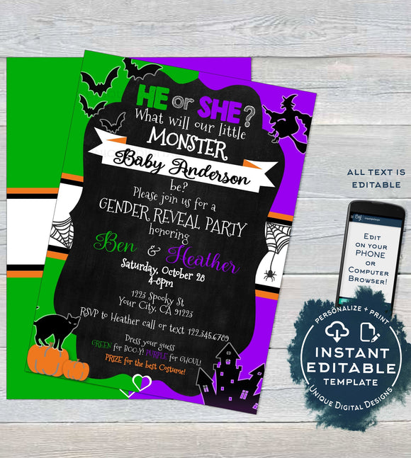 Halloween Gender Reveal Invitation, Little Monster Editable Halloween Invite, He or She What Will Baby be, Costume Party diy INSTANT ACCESS