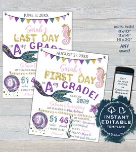 Editable Back to School Photo Prop, Girls Mermaid 1st Day Back to School Poster, Personalized School Sign, Any Grade Digital