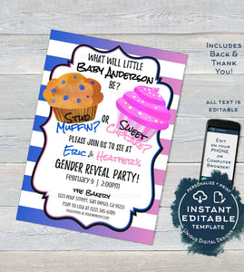 Editable Gender Reveal Invitation, Stud Muffin or Sweet Cupcake Baby Shower Invite ,He or She Reveal Printable Template diy INSTANT ACCESS