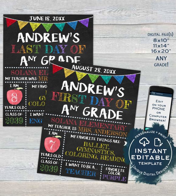 Editable Back to School Photo Prop, 1st Day Back to School Poster, Personalized School Chalkboard Sign Any Grade, diy Digital